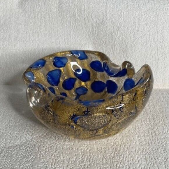 Vintage 50s Barovier Taso Vibrant Cobalt Blue & Gold Murano Ashtray Bowl 2"X4" - Picture 1 of 12